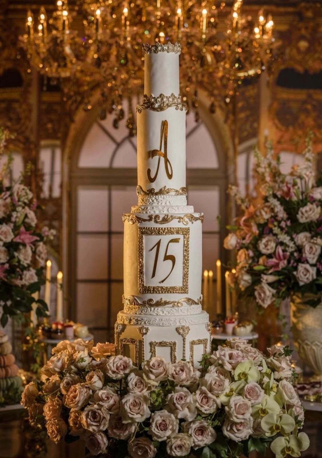 Tall white and gold quinceañera cake with a monogram and the number 15, surrounded by roses