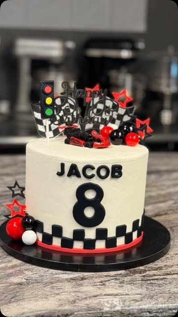 Checkered race-car eighth birthday cake
