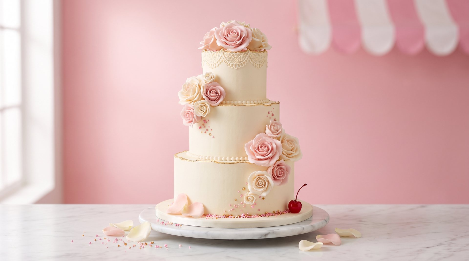 Three-tier ivory wedding cake with blush sugar roses on a marble stand
