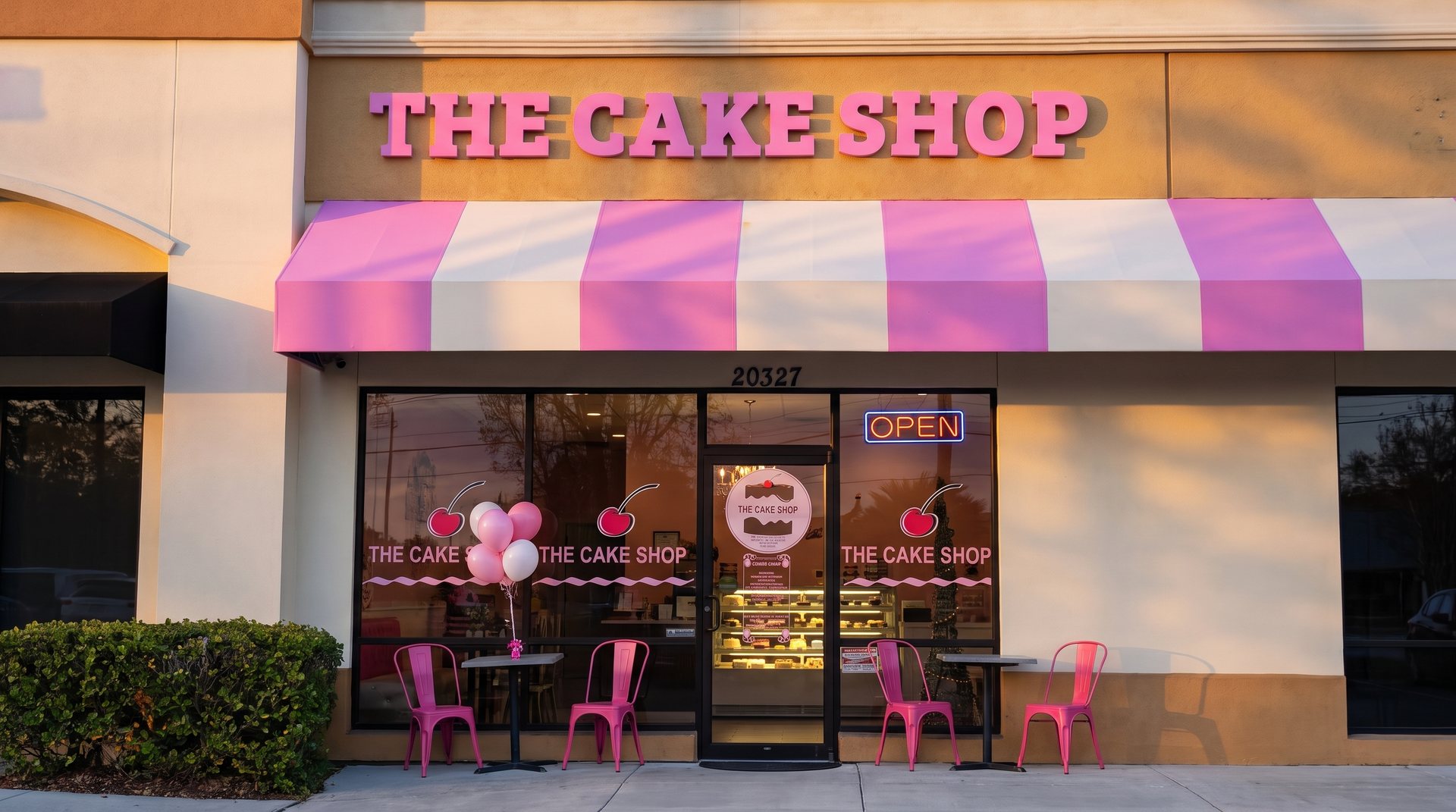 The Cake Shop storefront at golden hour with its pink and white striped awning, pink bistro chairs and a lit display case inside