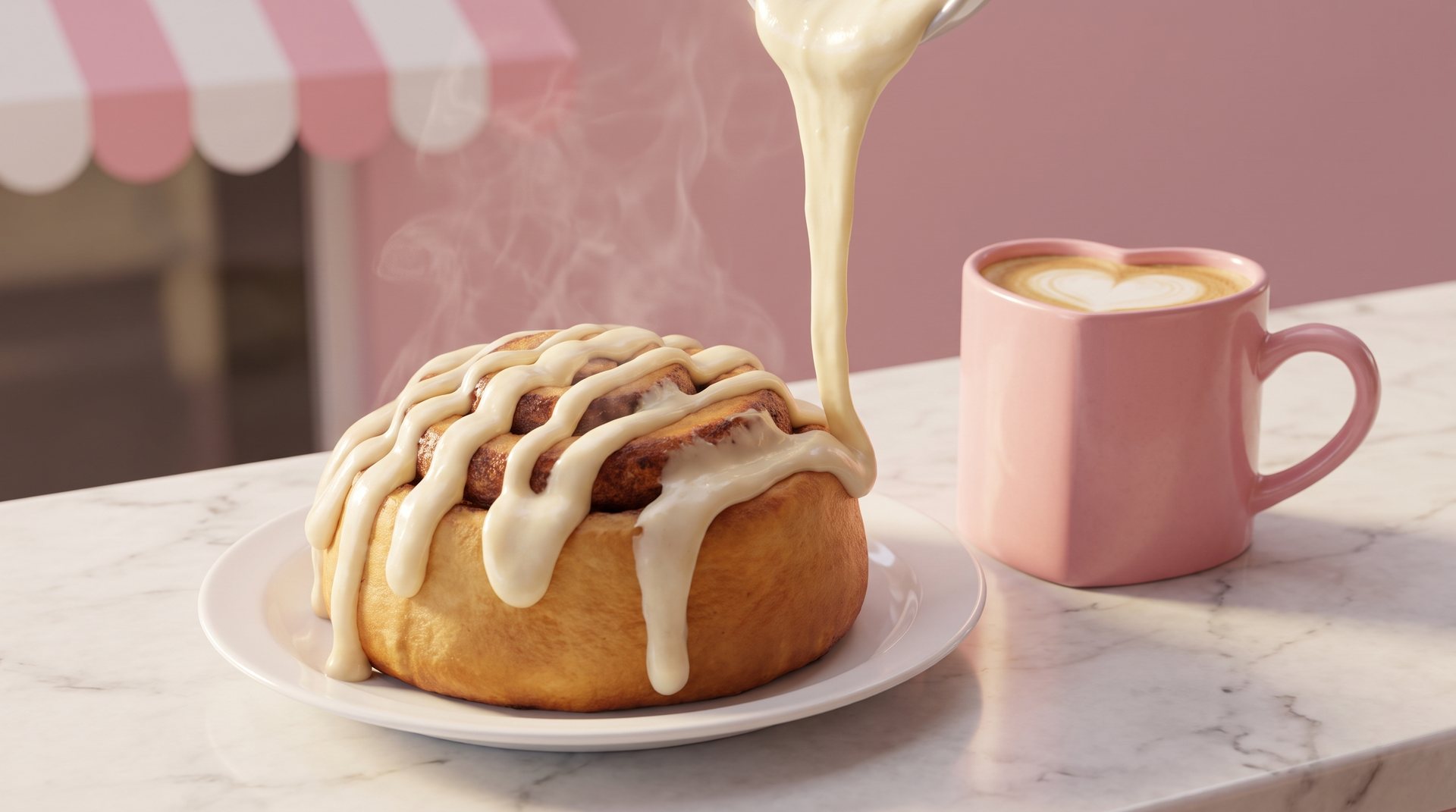 Cream-cheese frosting poured in ribbons over a giant warm cinnamon roll on a white plate