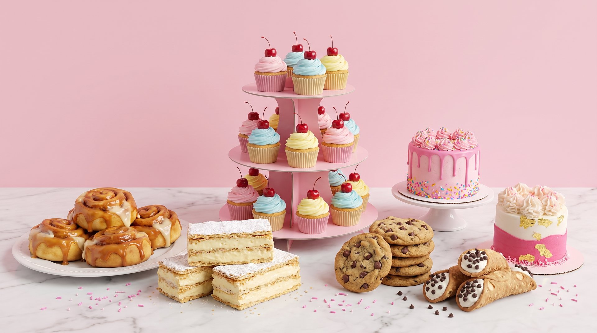 A sweet table of cupcakes, cinnamon rolls, milhojas, cookies, cannoli and a pink drip cake against a pink wall