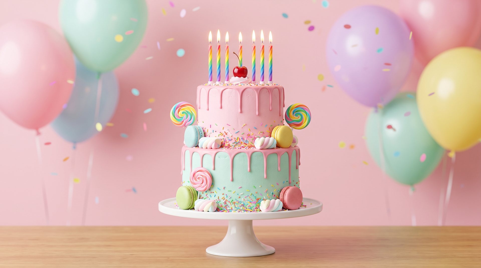 Pastel pink and mint two-tier birthday cake with rainbow candles, lollipops and macarons, pastel balloons behind it