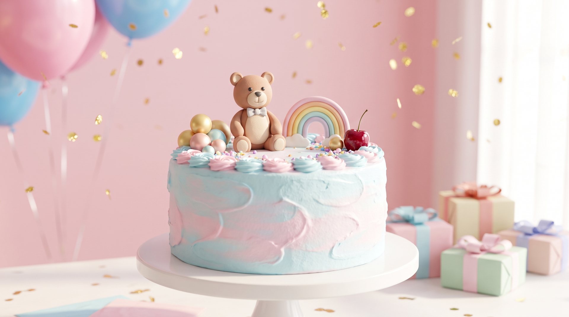 Pastel blue and pink party cake with a fondant teddy bear and rainbow