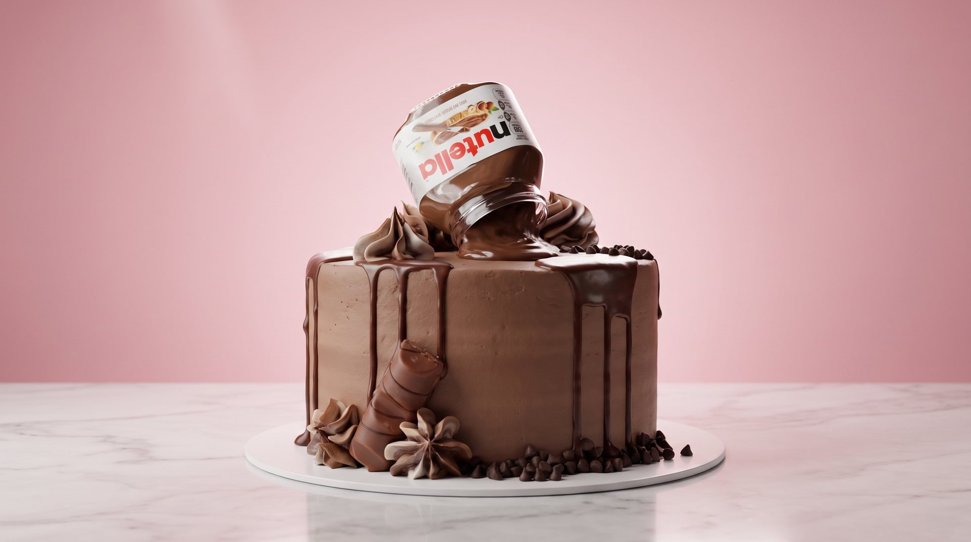 Tall chocolate hazelnut cake with ganache drips and a Nutella jar tipped on top, on a marble counter against a pink wall