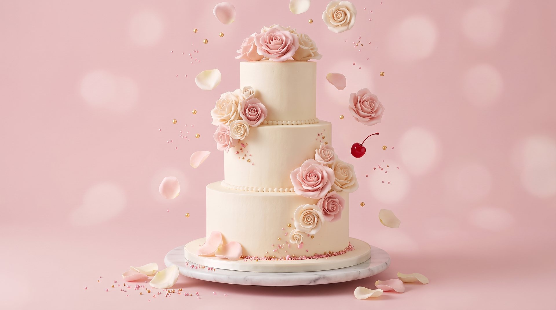 A three-tier white wedding cake being decorated as sugar roses, pearls and petals fall onto it
