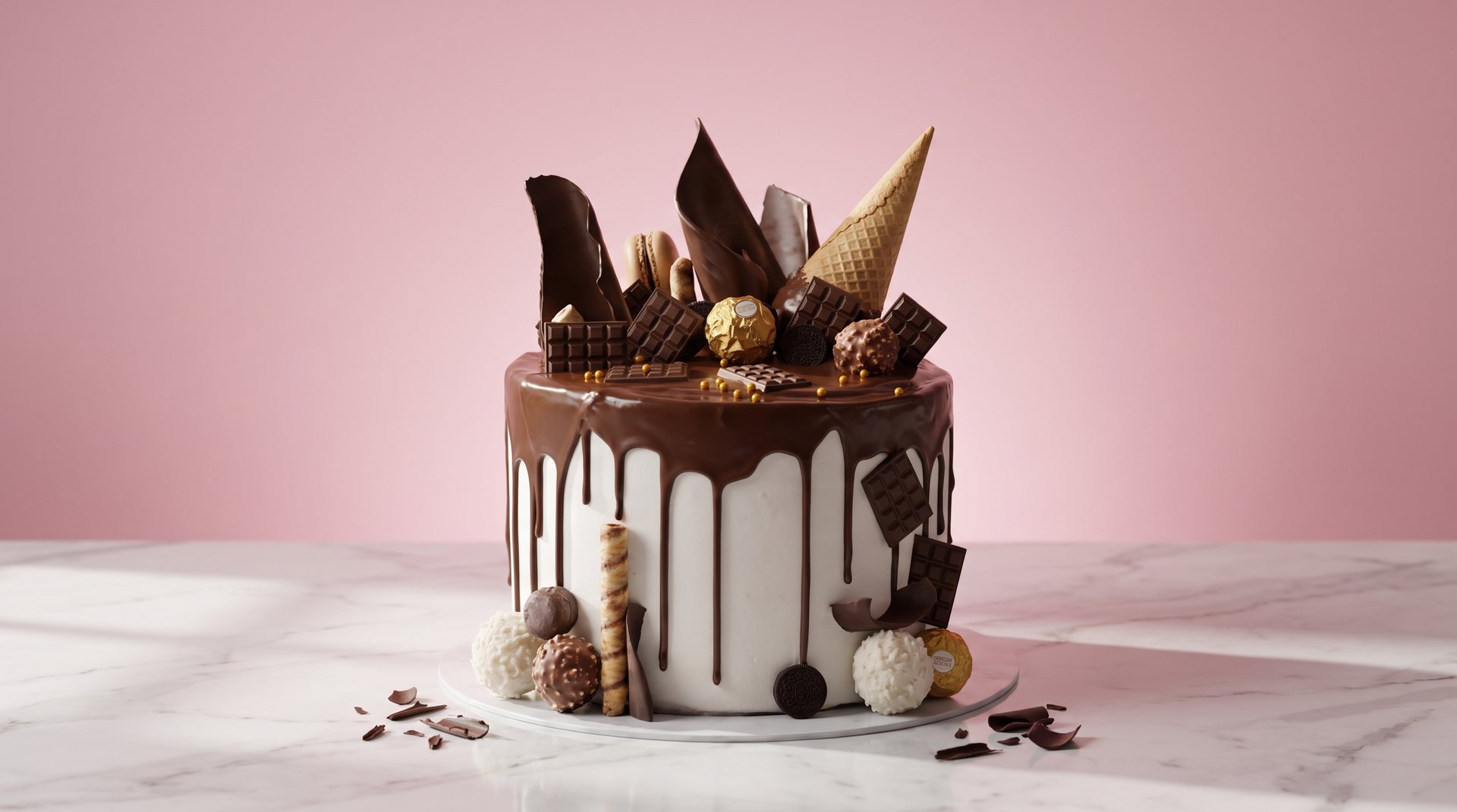 The shop's chocolate shard drip cake re-shot in a pink studio